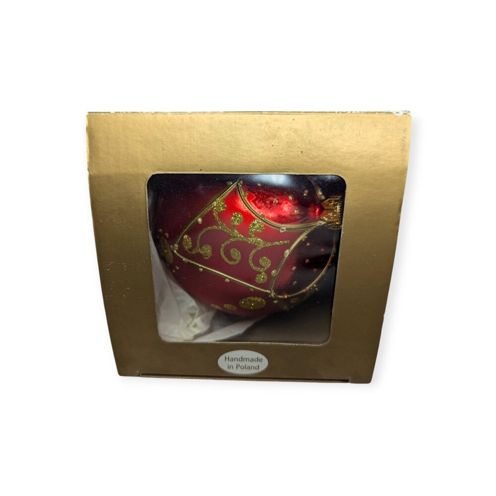 Beautiful Ruby Red & Gold Accent Made in Poland Christmas Ornament 5" Diameter